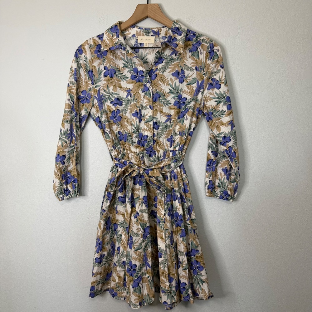 Mellóday - Floral Hibiscus ShirtDress Fit & Flare Cotton/Linen Blend Size XS